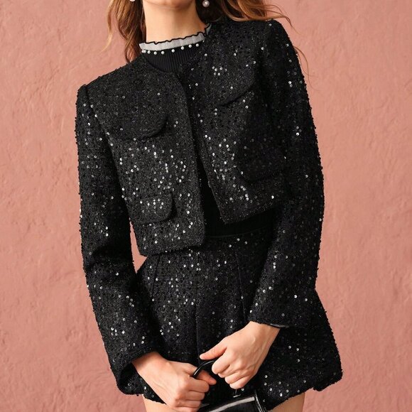 Black Party Women's Romantic Elegant Sequin Cropped Sparkling Tweed Jacket - Picture 8 of 9